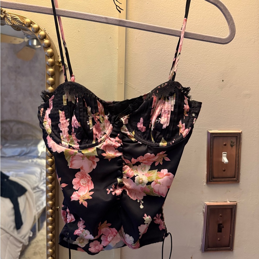For Love & Lemons Black Floral Satin Cropped Camisole